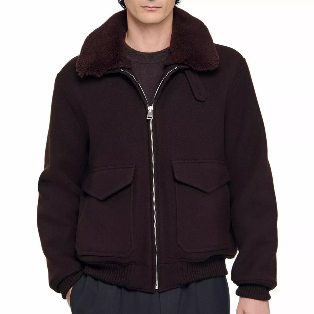 Sandro Men's Brown Faux-shearling Trim Aviator Jacket