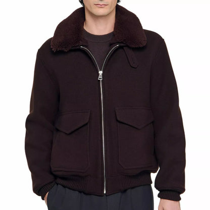 Sandro Men's Brown Faux-shearling Trim Aviator Jacket