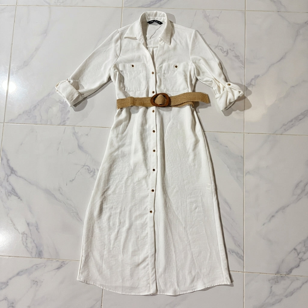 Zara Vestido Blanco con Cinturón