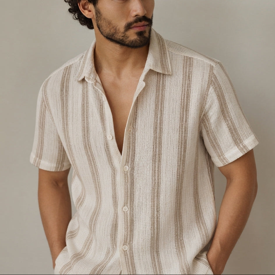 Zara Camisa Tejida de Rayas Beige & Blanco (M)