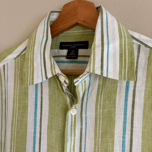 Banana Republic Camisa Lino Verde Azul Blanco (S)