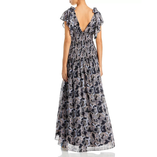Cinq À Sept Kris Paisley Print Smocked Chiffon Maxi Dress