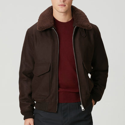 Sandro Men's Brown Faux-shearling Trim Aviator Jacket