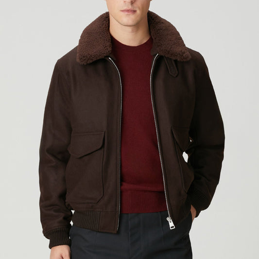 Sandro Men's Brown Faux-shearling Trim Aviator Jacket